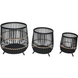 Benjara 17.5 Black Drum Shaped Open Cage Bamboo Planter with Angled