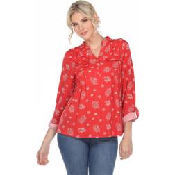 White Mark Plus Pleated Leaf Print Blouse, Women's, 2XL, Red