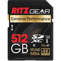 ritz gear extreme performance high speed uhs-i sdxc 512gb sd card 90/60 mb/s u3 a1 class-10 v30 memory card, for sd devices that can capture full