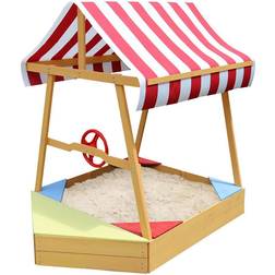 Critter Sitters Children's Wood Sand Box Boat with Striped Canopy, Wheel, and Bottom Liner CSSB0103-NAT, Natural/Multi