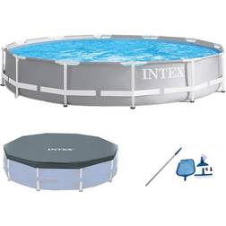 Intex Prism Frame Above Ground Pool Set with Cover and Maintenance Kit, Gray