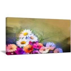 Design Art White Sunflower and Gerbera Flowers Painting Print on Wrapped Wall Decor