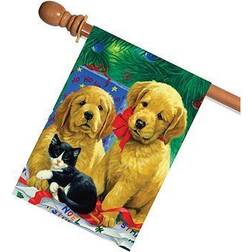 Home Garden Golden Puppies Dog Christmas Flag Double Sided
