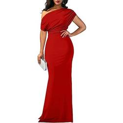 YMDUCH Women's Elegant Sleeveless Off Shoulder Bodycon Long Dress - Red