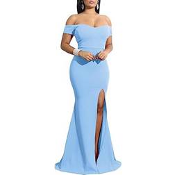 YMDUCH Women's Off Shoulder High Split Evening Gown - Light Blue