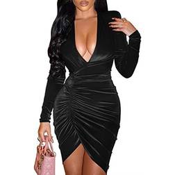 YMDUCH Sexy Long Sleeve V Neck Ruched Bodycon Wrap Cocktail Club Mini Dress - Black