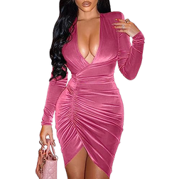 YMDUCH Sexy Long Sleeve V Neck Ruched Bodycon Wrap Cocktail Club Mini Dress - Rose