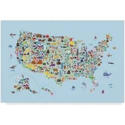 Trademark Fine Art Animal Map of United States for children kids Blue Framed Art