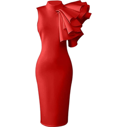 Xxtaxn Women's Cocktail Bodycon Ruffle Sleeveless Formal Midi Pencil Dress - Red