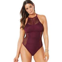 Swimsuits For All Plus Women's Crochet High Neck One Piece in Wine Size 18