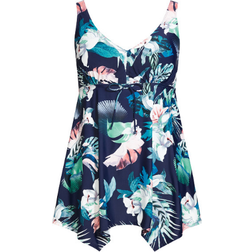 Evans Sharkbite Swim Dress Plus Size - Blue Tropical Print