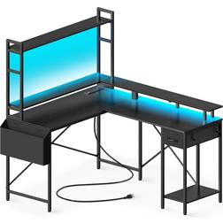 L Shaped Desk Gaming Desk with LED Lights & Power Outlets, Computer Desk with Storage Shelves, Corner Desk Home Office Desks for Bedroom