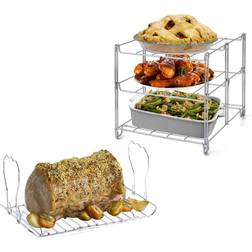 3-Tier Oven Rack & Turkey Lifter Roasting Rack Space Collapsible