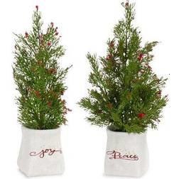 Melrose Set of 2 Joy Peace Pine Potted Christmas Tree