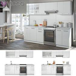 VICCO Küche Raul Küchenzeile Küchenblock Einbauküche 240 cm Weiß Hochglanz