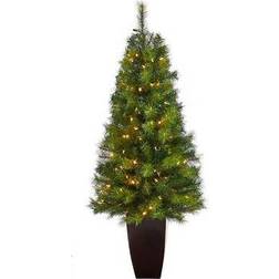 Nearly Natural 5Ft Pre-Lit Slim Valley Pine Artificial Planter Christmas Tree