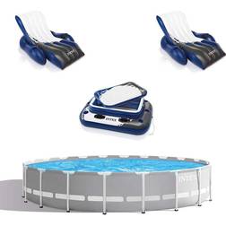 Intex Prism Frame 20ft x 52in Above Ground Pool, Lounger Float 2 Pack & Cooler, Grey