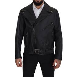 Dolce & Gabbana Black Leather Biker Coat Zipper Men's Jacket