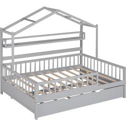 Bed Bath & Beyond Wooden Full Size House Bed with Twin Size Trundle Kids Bed with Shelf 57.8x77.6"