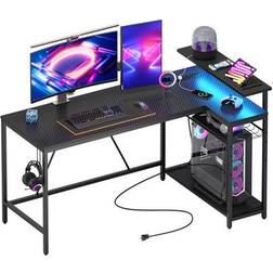 Bestier Gaming Desk with Power Outlet & USB Ports, Reversible Small L Shaped Computer Desk with LED Strip & Headset Hooks for Home Office 58" - Carbon Fiber Black