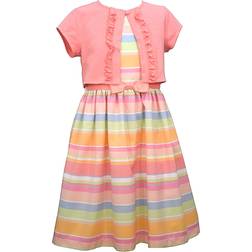 Bonnie Jean Girl's Easter Spring Striped Dress with Cardigan - Coral