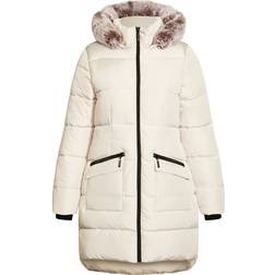 Evans Contrast Zip Faux Fur Trim Coat Plus Size - Neutral