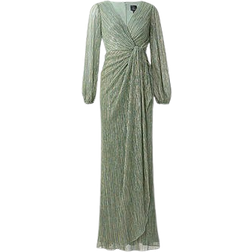 Adrianna Papell Metallic Crinkled Mesh Draped Long Gown - Green Slate