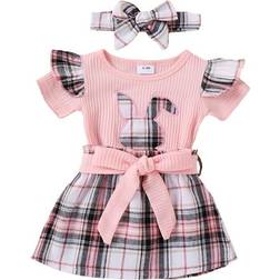 Infant Bunny Romper with Belted Plaid Skirt & Headband - Pink