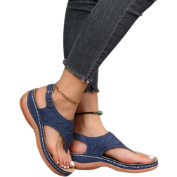 Shein EMERY ROSE Women Stitch Detail Buckle Decor Sandals, Fashionable Blue Thong Wedge Sandals