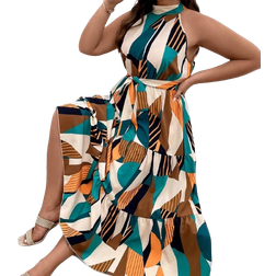 Shein VCAY Plus Geo Print Ruffle Hem Belted Halter Dress