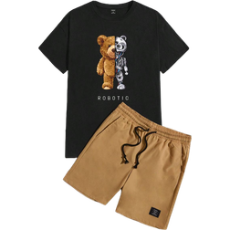 Shein Manfinity EMRG Men's Knitted Short Sleeve Bear & Letter Printed T-Shirt And Woven Shorts 2pcs/Set