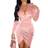 YMDUCH Sexy Long Sleeve V Neck Ruched Bodycon Wrap Cocktail Club Mini Dress - Pink