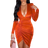 YMDUCH Sexy Long Sleeve V Neck Ruched Bodycon Wrap Cocktail Club Mini Dress - Orange
