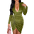 YMDUCH Sexy Long Sleeve V Neck Ruched Bodycon Wrap Cocktail Club Mini Dress - Grass Green