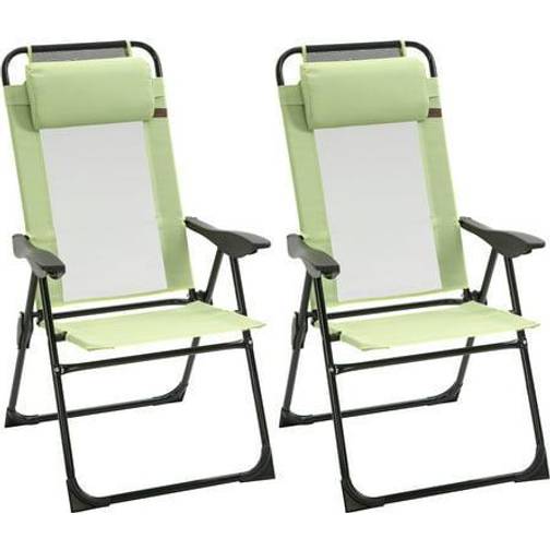 OutSunny Portable Folding Recliner Metal Patio Chaise Outdoor Lounge Chair With Adjustable Backrest In Green (2 Pack) 