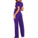 Blencot Women's Short Sleeve V-Neck Belted Wide Leg Formal Jumpsuit - Purple