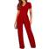 Blencot Women's Short Sleeve V-Neck Belted Wide Leg Formal Jumpsuit - Red