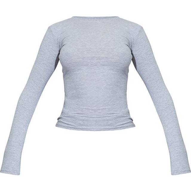 Grey Marl Basic Cotton Blend Long Sleeve Fitted T Shirt