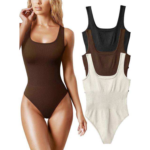 OQQ Bodysuits Sexy Ribbed Square Neck Sleeveless Tank Tops - Black Coffee  Beige